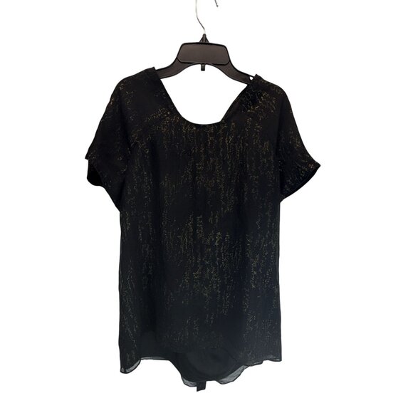 Gap Black Sheer Metallic Gold Accent Blouse Large Short Sleeve Party Holiday Top - Picture 3 of 9